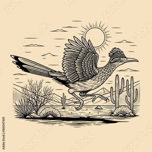 Roadrunner Bird Running in Desert Landscape.