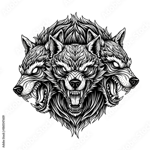 Three Headed Wolf Illustration Artwork Design.