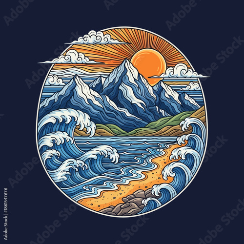 Vibrant Illustration of Ocean Waves and Mountains.