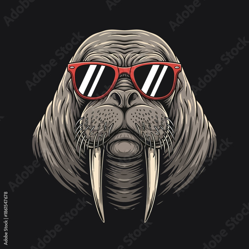 Walrus Wearing Red Sunglasses Closeup.