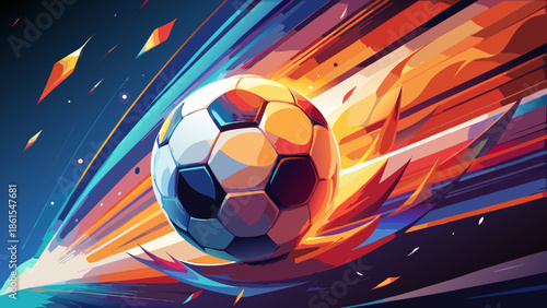 Very beautiful soccer ball bursting with colorful energy waves, exploding into vivid motion and light, expressing excitement, creativity, movement, and the joyful spirit of modern football design.