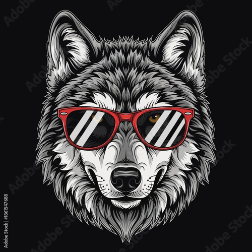 Wolf Head Illustration with Sunglasses.
