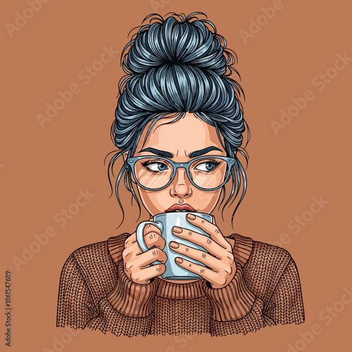 Woman Drinking Coffee or Tea from Mug.