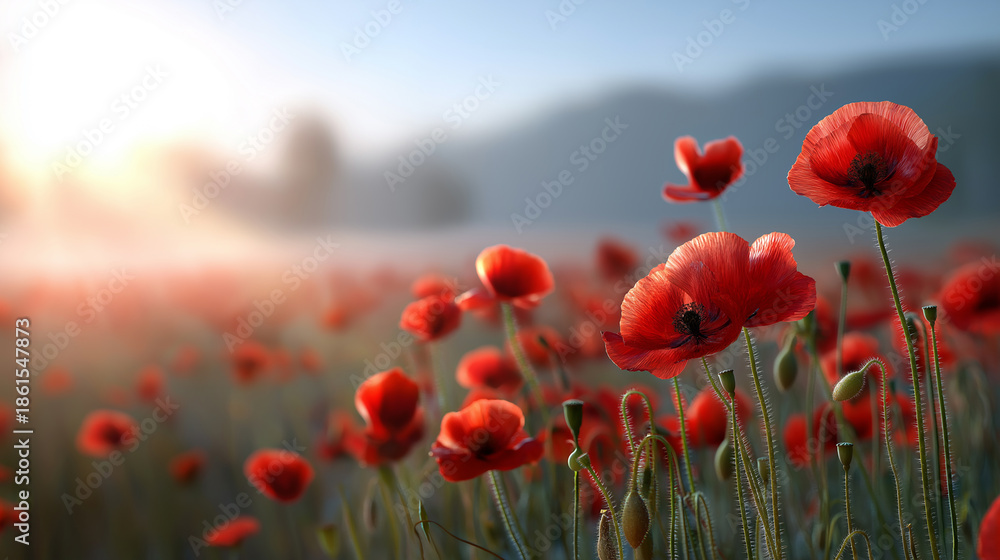 Obraz premium Red poppy flowers blooming in a field with soft morning sunlight. 