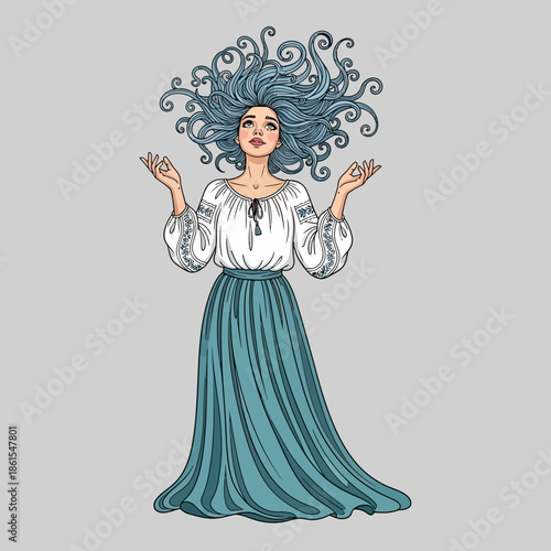 Woman with Flowing Hair and Long Dress.