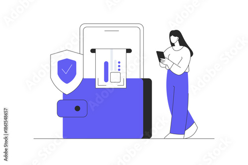 E wallet digital transaction with woman using smart phone for secure mobile payment online shopping. Flat Cartoon Vector Illustration, icon Stylish abstract design landing page web