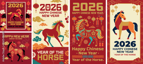 Vector illustration set for 2026 Chinese New Year featuring the Year of the Horse with traditional lanterns and clouds. Concept of lunar new year, oriental culture and celebration posters