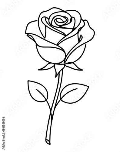 Black and White Rose Line Drawing with Stem and Two Leaves