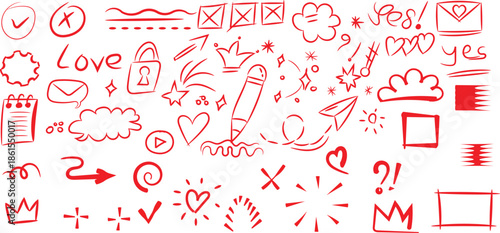 Collection of red hand drawn doodle icons and various abstract sketch elements perfect for emphasizing text or design accents