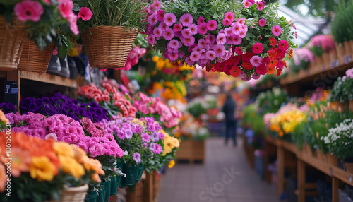 Wallpaper Mural Outdoor flower stall displays vibrant bouquets. Colorful blossoms in pots hang above rows of fresh plants. People walk by on city Torontodigital.ca