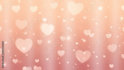 Valentine day background with glowing pink hearts and golden bokeh