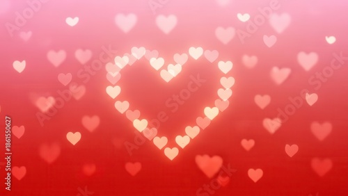 Romantic background with floating glowing heart shapes on a red pink gradient