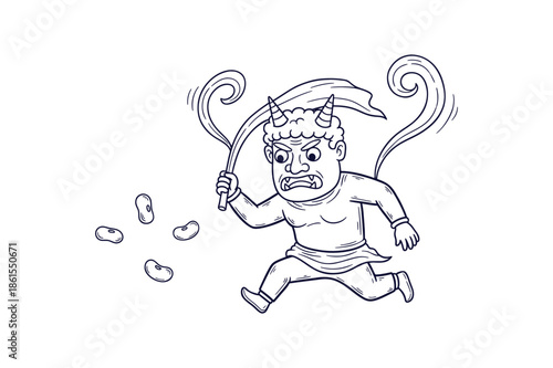 Traditional Japanese Setsubun Festival Angry Oni Demon Running from Scattered Beans Doodle Vector