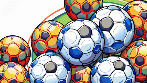 Very beautiful clean wallpaper featuring multiple soccer balls on a bright white background with copy space, designed for sports banners, celebrations, invitations, and modern football-themed visuals.