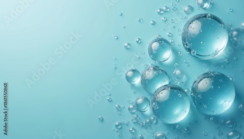 Wallpaper Mural Clear blue serum gel with small bubbles floats on light aqua background. Cosmetic liquid forms spheres and droplets, showing purity and hydration for skincare products. Torontodigital.ca