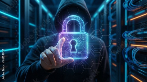 Digital Defender: Silhouette of a hooded figure, a guardian of data, presents a glowing padlock. The scene highlights the essence of security in the digital landscape