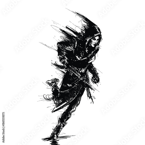A black and white sketch of a character with a helmet and cape running or jumping in a dynamic motion