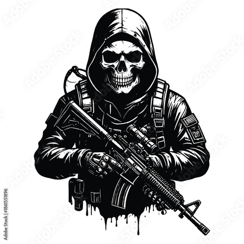 Black and white illustration of a hooded skeleton holding a rifle