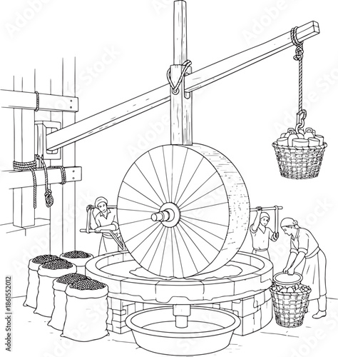 Traditional wine press operation isolated on white background