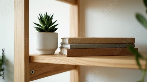 Wooden shelf with books and plant indoors