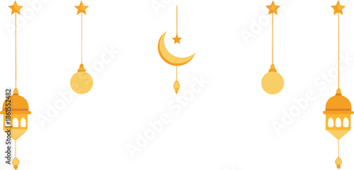 Decorative Hanging Ramadan Lanterns and Stars Border Vector Illustration Transparent isolated