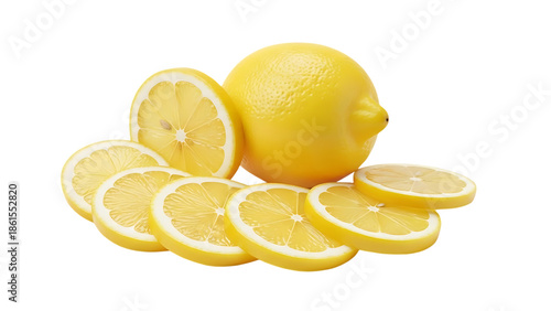 Fresh Yellow Lemons Whole and Sliced, Isolated on Black