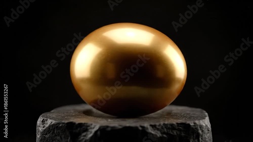 Golden sphere on stone against black background