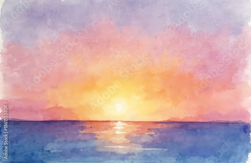 Watercolor painting depicts vibrant sunset over calm ocean water. Sky shows hues of purple pink orange yellow with sun reflection on sea surface. Peaceful evening seascape.