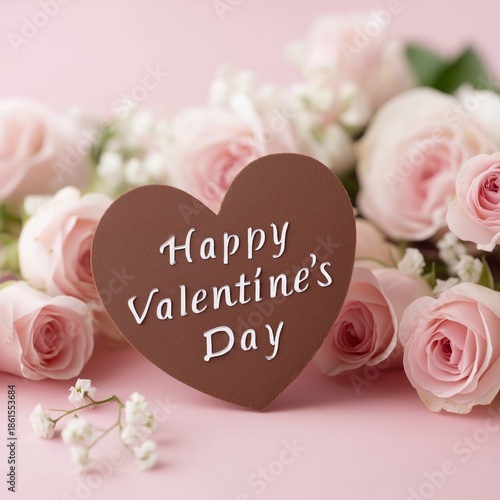 Happy Valentine's Day heart with pink roses. Heart shape greeting surrounded by pink roses, baby's breath, and chocolate candies