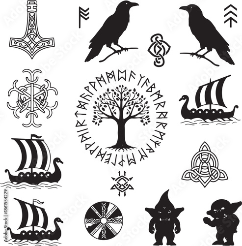 Viking symbols and artifacts isolated on white background