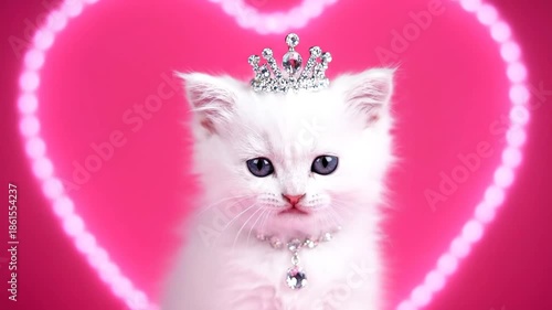 Cat with crown against heart shaped light