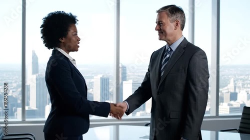 Businesspeople handshaking in modern office with city view