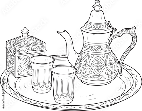 Traditional tea set on tray isolated on white background