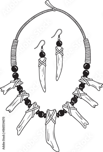 Bone and bead necklace with earrings isolated on white background