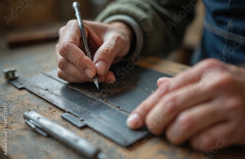 Person uses a scriber tool to mark a metal surface. Hands carefully guide the tool, preparing for precise work. Focus on detail and accuracy in craft.