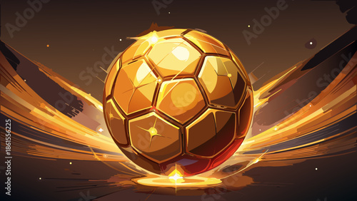 Very beautiful golden soccer ball sparkling with glitter under soft dramatic light, symbolizing victory, success, achievement, and prestige in an elegant and luxurious sports composition.