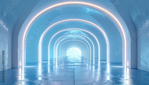 Futuristic Archway Corridor With Neon Lighting and Reflective Floor Illuminated By White and Blue Glowing Arches Creating an Infinite Tunnel Effect