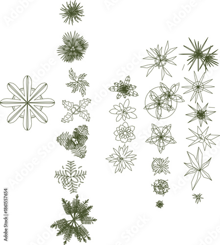 Vector set of landscape design symbols in line art. Features various minimalist top-view tree and plant sketches for garden and site plan projects.