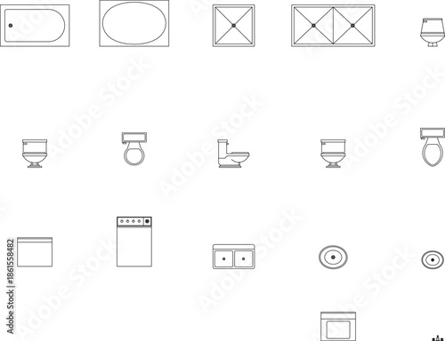 Minimalist vector set of bathroom and kitchen floor plan symbols. Includes bathtub, toilet, sink, and washing machine icons for interior design.