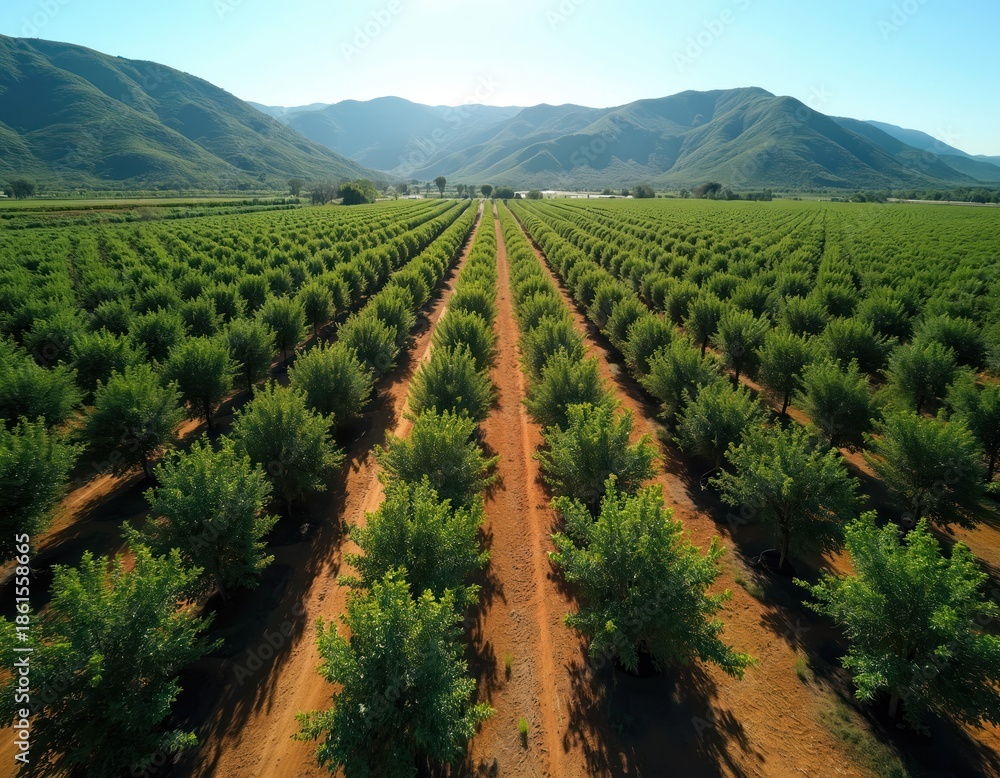 Naklejka premium Vast citrus plantation stretches towards distant mountains under clear blue sky. Rows of green trees grow in organized lines on fertile land. Sunny day illuminates arid earth and rich foliage.