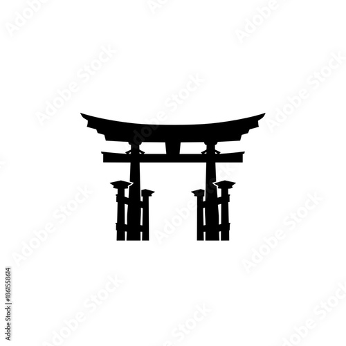 Japanese torii gate icon in black silhouette for spiritual or cultural concepts