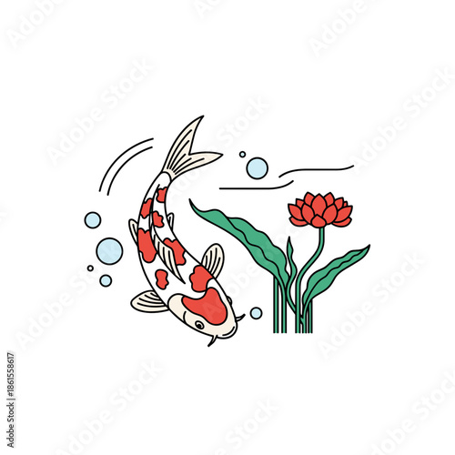 Koi fish with lotus flower icon in red, green and blue for spiritual or decorative design