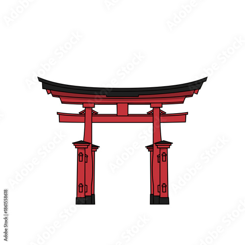 Red and black Japanese torii gate icon in flat style for cultural or spiritual themes