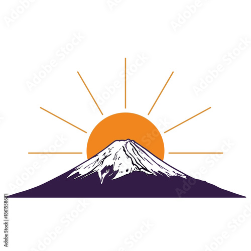 Mount Fuji with rising sun icon in orange and purple for travel or cultural designs