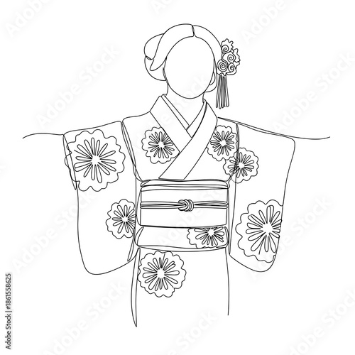 Woman in floral kimono icon in line art style for fashion, culture or traditional wear design