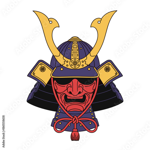 Traditional Japanese samurai helmet icon in red, gold and blue for historical or warrior-themed designs, isolated