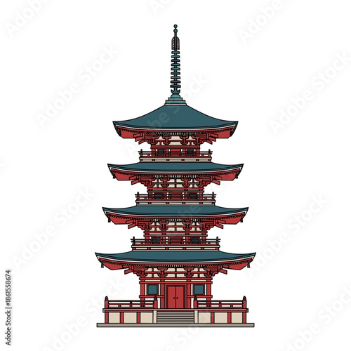 Traditional Japanese pagoda icon in red and teal for travel or culture projects, isolated