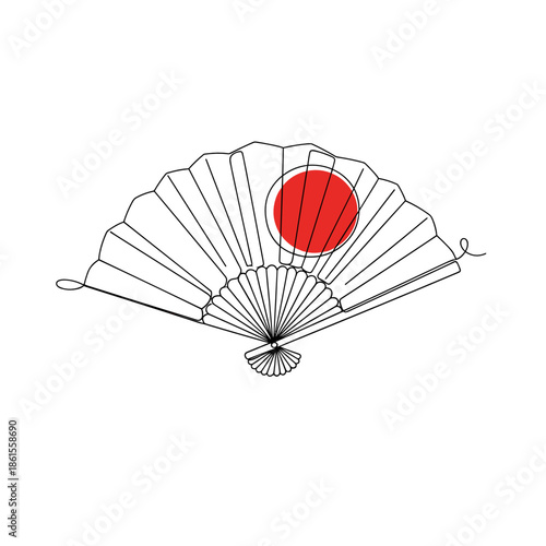 Japanese folding fan icon with red circle in minimal line art style for cultural or festive use