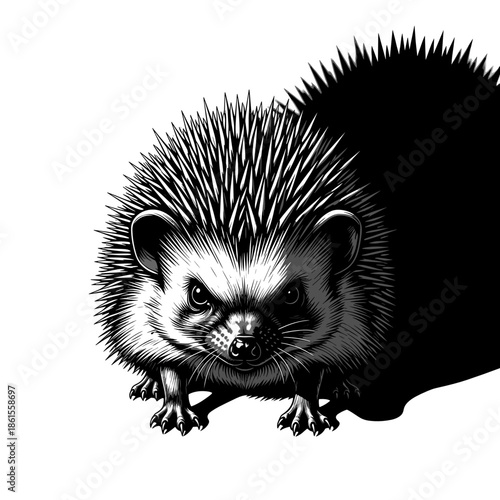 Angry hedgehog in black and white illustration for tattoo or sticker design