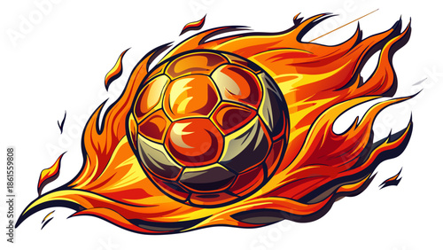 Very beautiful fiery soccer ball wrapped in dynamic flames and vivid colors, designed for powerful football promotion visuals, expressing intensity, ambition, passion, and unstoppable competitive spir